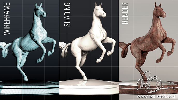 Drahtgitter (Wireframe), Shader, und finales 3D-Rendering einer Pferde-Skulptur