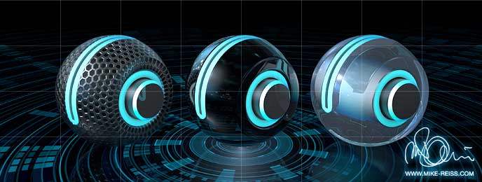 Materialien, Schwarzer Lack und transparente Objekte auf einem TRON Legacy Raster (Grid)