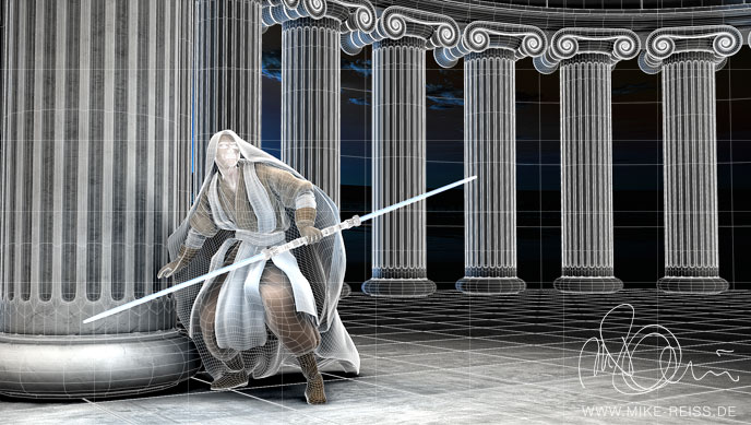 Jedi Ritter 3D Wireframe Modell und Render