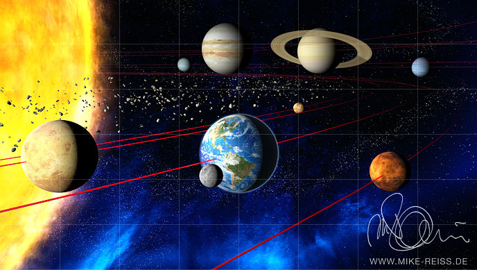 Sonnensystem mit Erde, Planeten, Asteroiden und Sternen