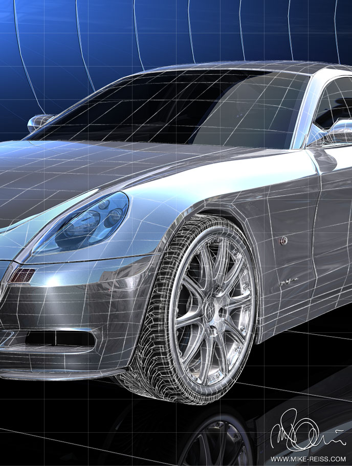Ferrari Scaglietti 3D Modell in Sketch und Toon (Wireframe Drahtgitter)