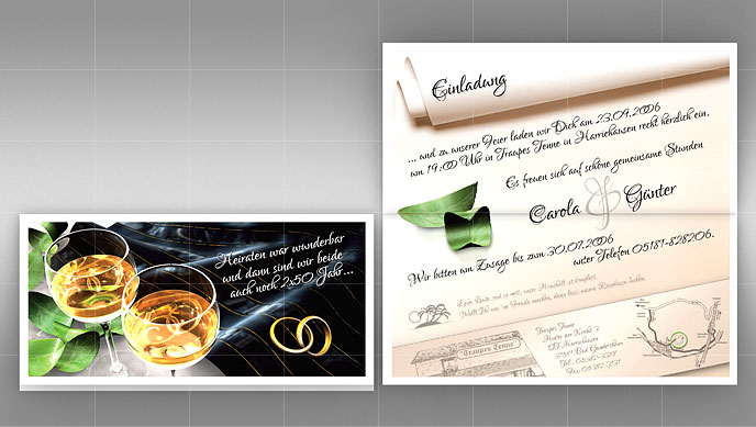 Hochzeitseinladung Innenseiten mit Text und grafischer Gestaltung